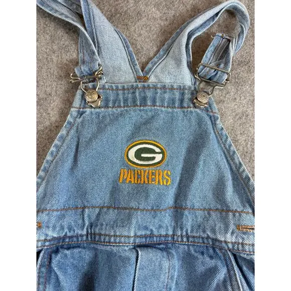 VTG 90s Green Bay Packers NFL Football Jumpsuit Kids Blue Denim Overall Size 4T - Picture 6 of 10